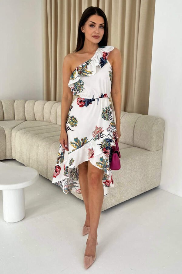 Cream Floral One Shoulder Frill Detail Dipped Hem Dress - Image 2