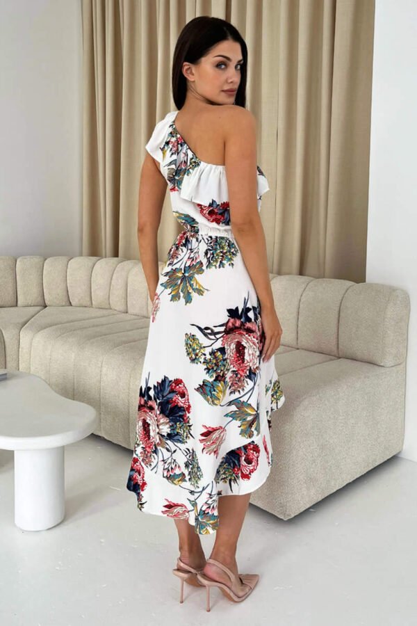 Cream Floral One Shoulder Frill Detail Dipped Hem Dress - Image 4