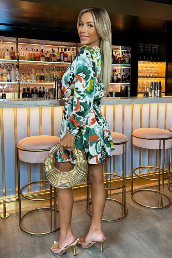 Green Abstract Print Long Sleeve Belted Skater Mini Dress - Image 4