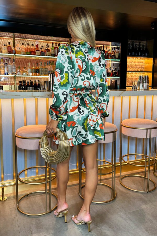 Green Abstract Print Long Sleeve Belted Skater Mini Dress - Image 5