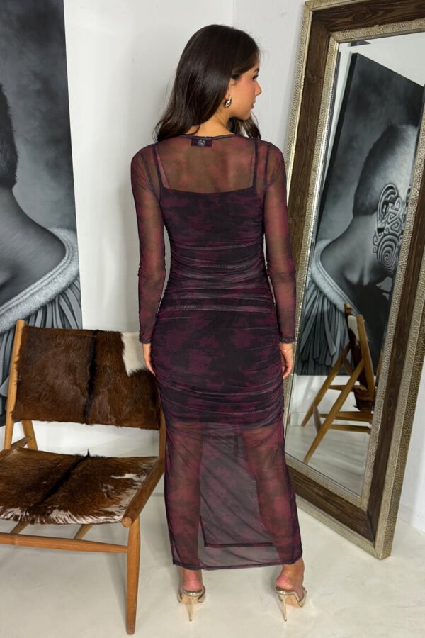 Wine Printed Mesh Overlay Long Sleeve Bodycon Midi Dress - Image 4