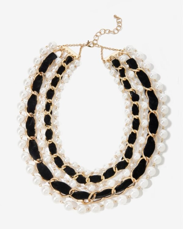 Velvet Chain and Pearl Layered Necklace Black/Gold