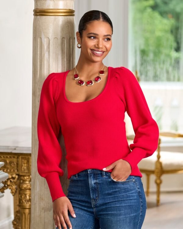 Scoop Neck Balloon Sleeve Sweater Racing Red