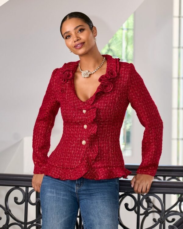 Rosette Ruffle Tweed Jacket Red/Gold