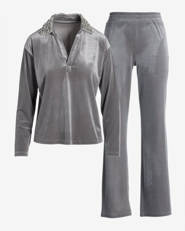 Chic Velour Embellished Collar Lounge Set Silver