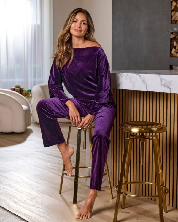 Chic Velour Slouchy and Wide Leg Lounge Set Deep Purple