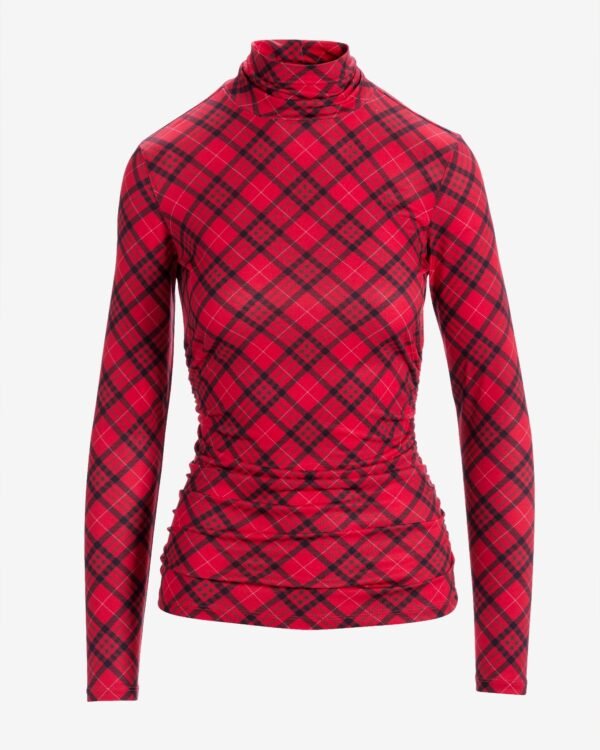 So Chic Ruched Holly Plaid Turtleneck Red - Image 2