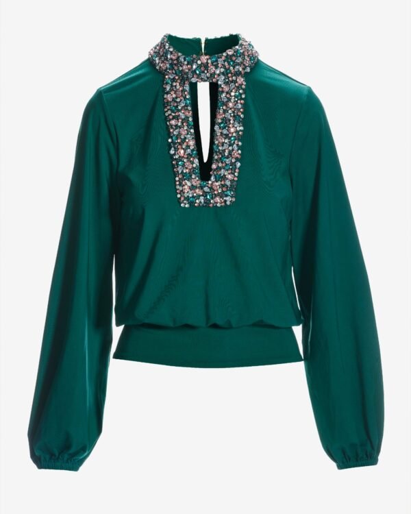 Embellished Keyhole Blouson Top Deep Emerald - Image 2