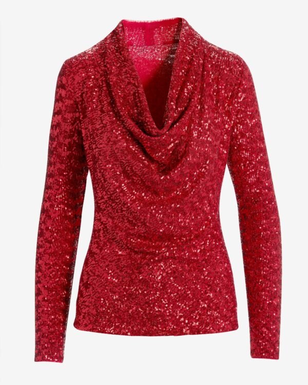 Sequin Cowl Neck Long Sleeve Knit Top Red - Image 2