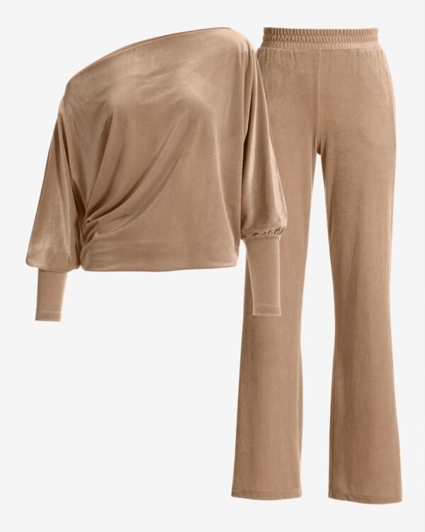 Chic Velour Slouchy and Wide Leg Lounge Set Taupe - Image 2