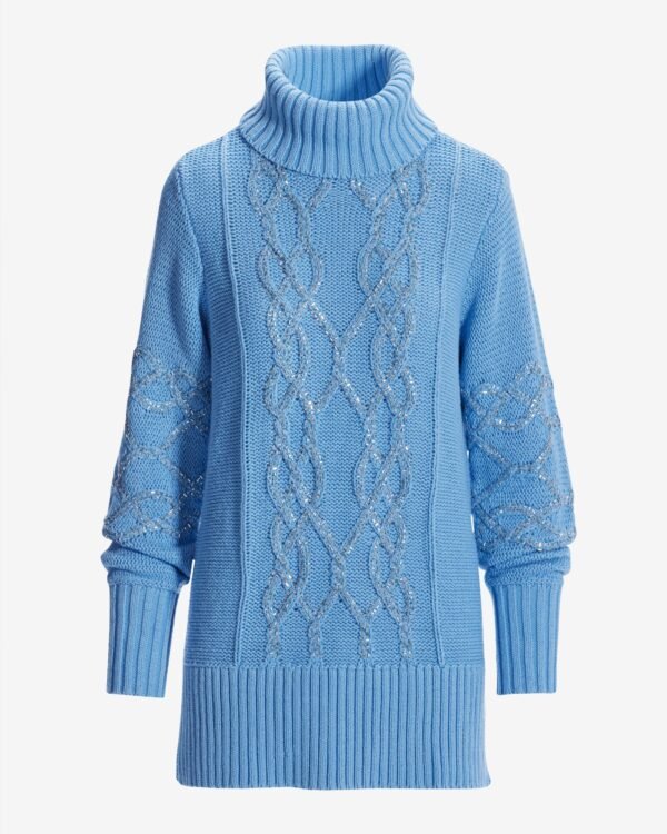 Embellished Cable Turtleneck Tunic Sweater Clear Blue Sky - Image 2