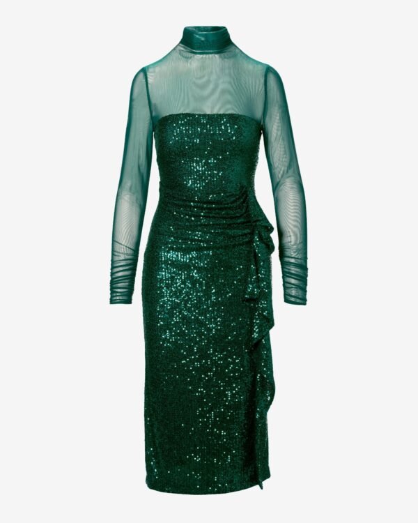 Mesh Long Sleeve Sequin Sheath Dress Deep Emerald - Image 2