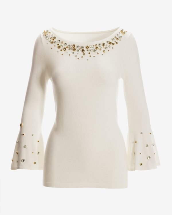 Embellished Boat Neck Flare Sleeve Sweater Off White - Image 2