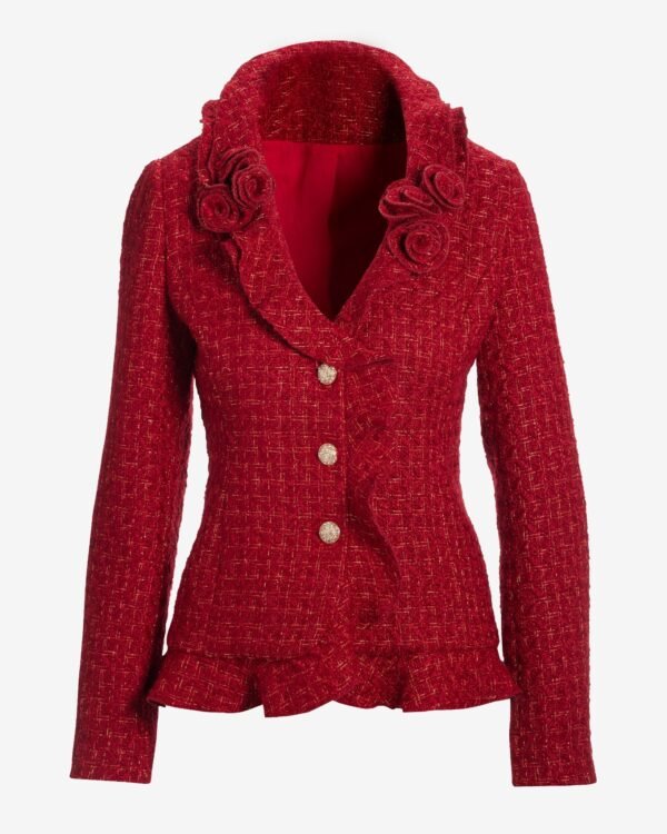 Rosette Ruffle Tweed Jacket Red/Gold - Image 2