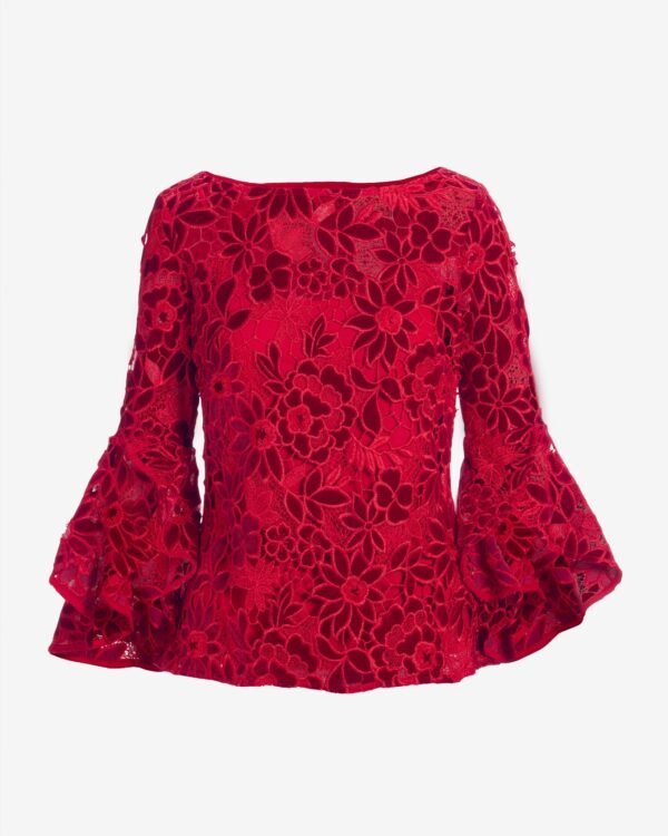 Velvet Lace Drama Sleeve Blouse Racing Red - Image 2