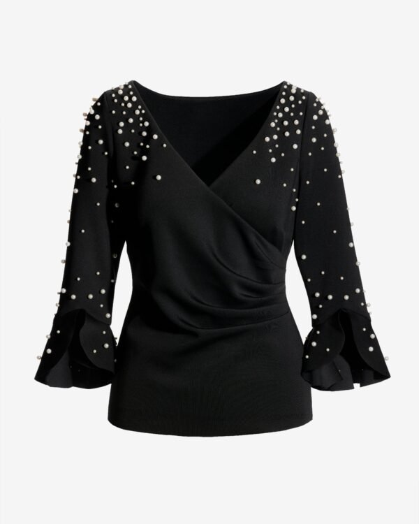 Pearl Surplice Flare Sleeve Top Proper Black - Image 2