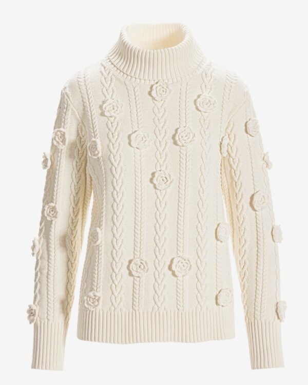 Chenille Rosette Cable Turtleneck Sweater Off White - Image 2