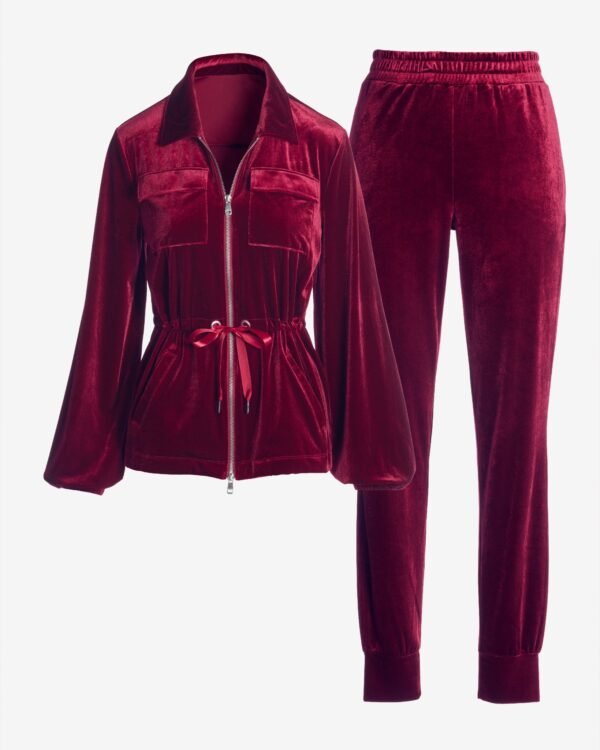 Chic Velour Drawstring Jacket and Jogger Set Burgundy - Image 2