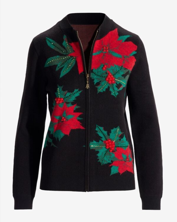 Holiday Floral Embellished Zip Up Cardigan Black Multi - Image 2