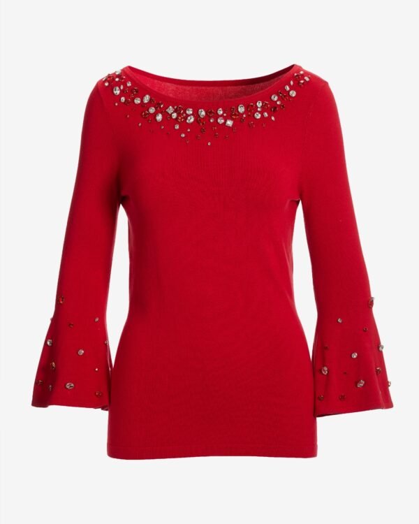 Embellished Boat Neck Flare Sleeve Sweater Racing Red - Image 2