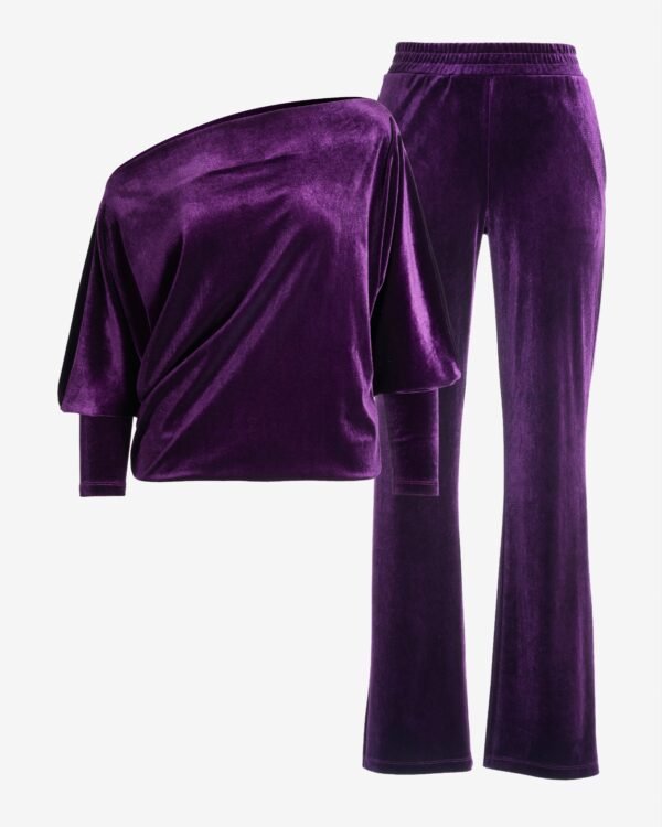 Chic Velour Slouchy and Wide Leg Lounge Set Deep Purple - Image 2